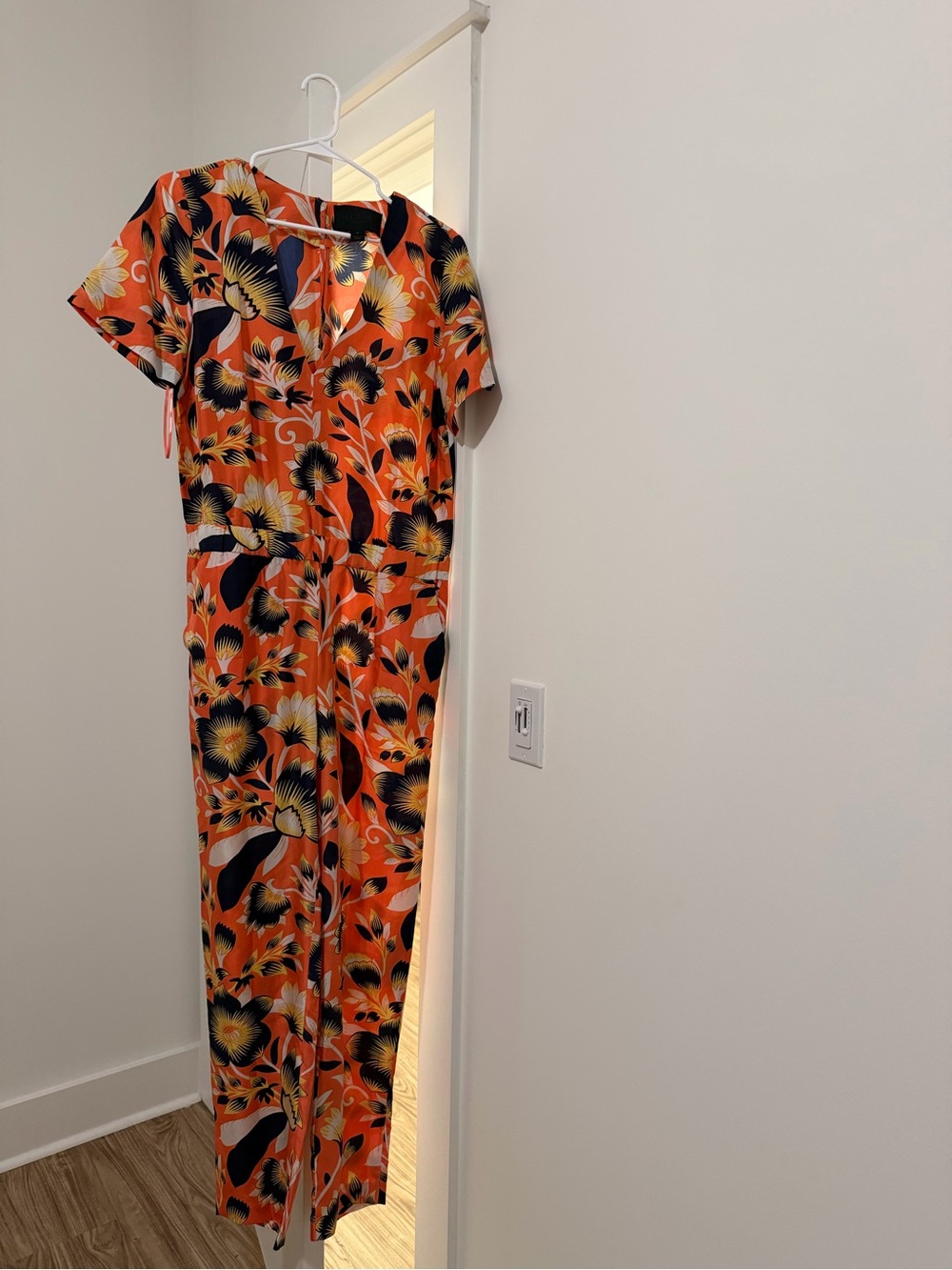 New J.Crew Vibrant Orange Floral Jumpsuit, size 8.